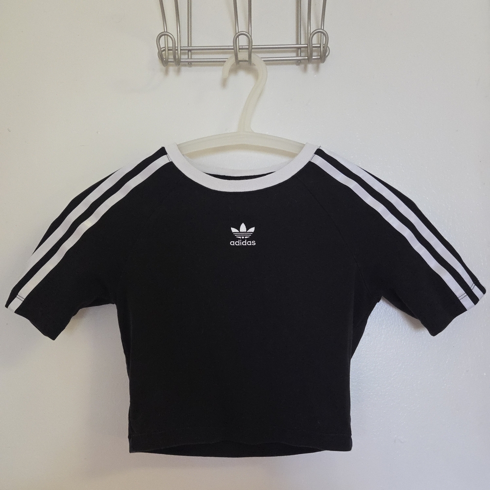 Adidas Black Cropped Tee with White Stripe Shoulders